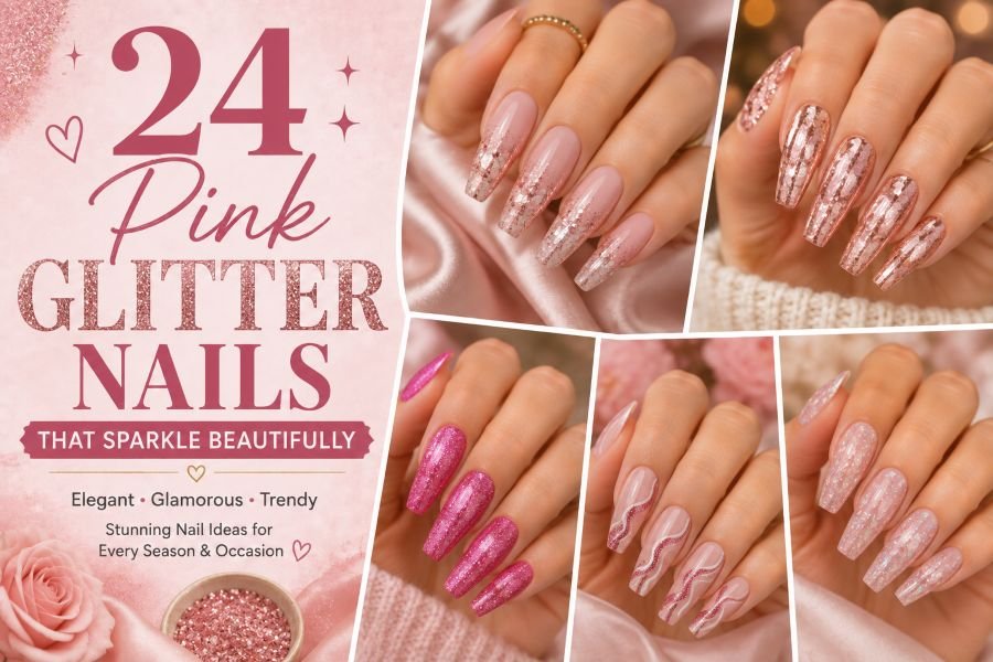 24 Pink Glitter Nails