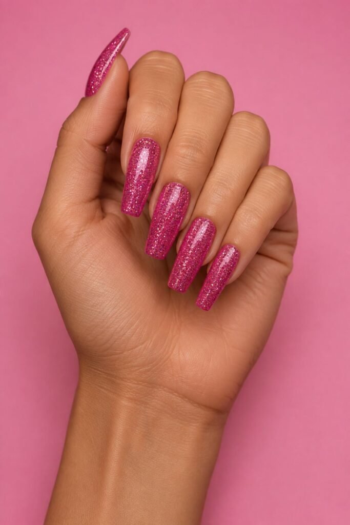 Barbie Pink Glitter Nails