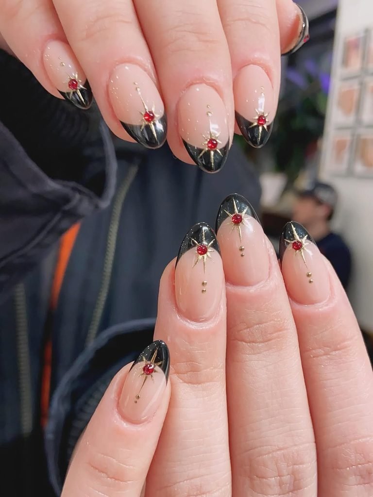 Black French Tips With Gold Constellations