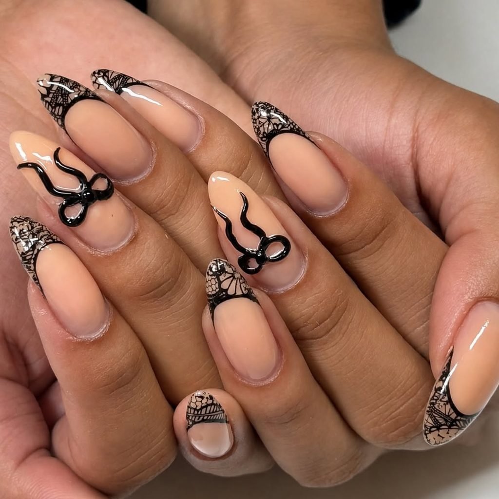 Black Lace French Oval Nails