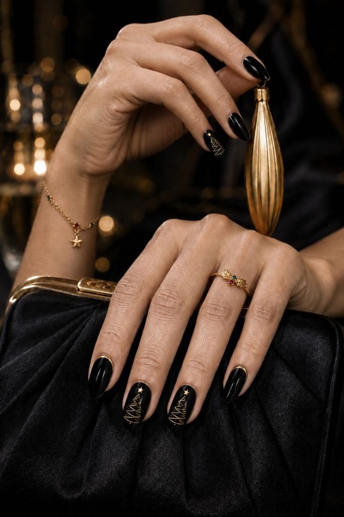  Black and Gold Christmas Tree Nails