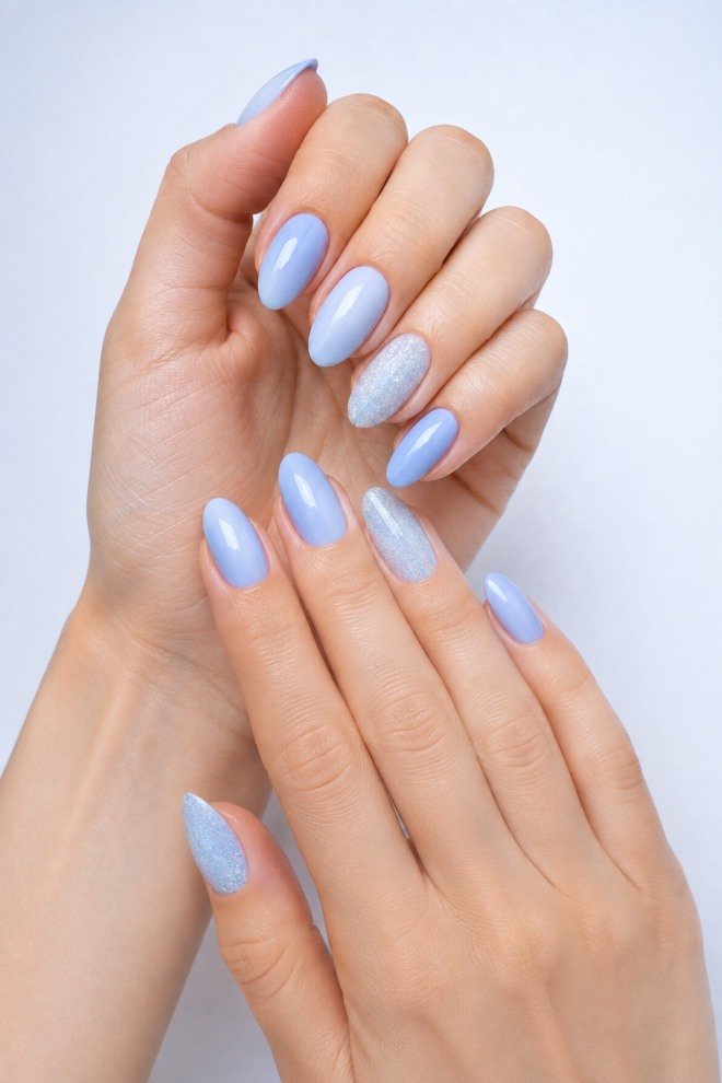 Blueberry Milk Glitter Accent Nails
