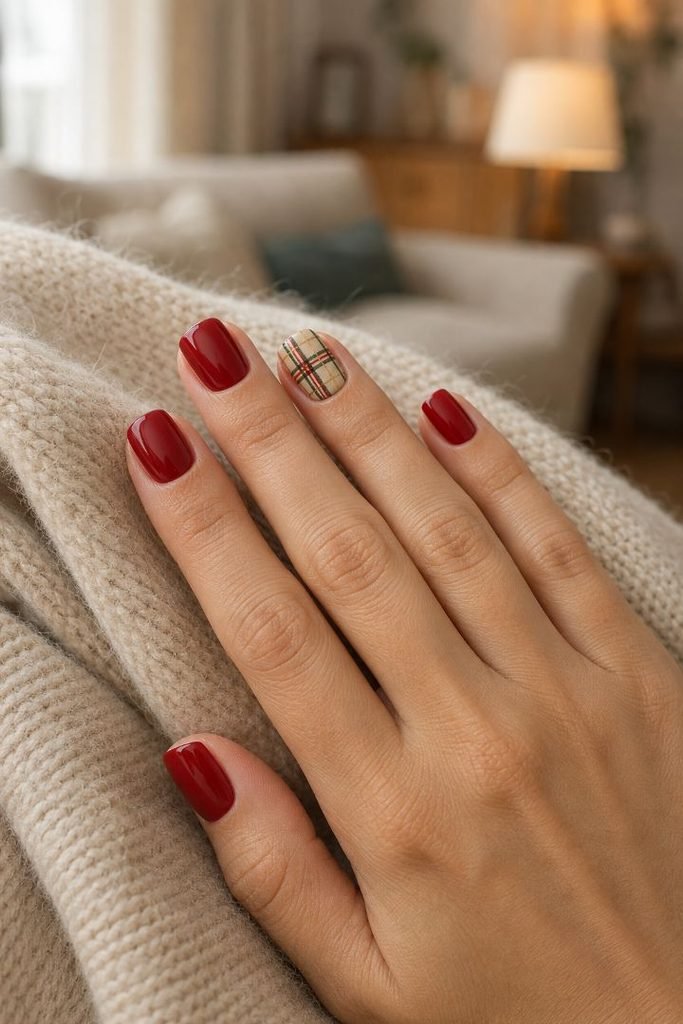 Cranberry Plaid Short Nails