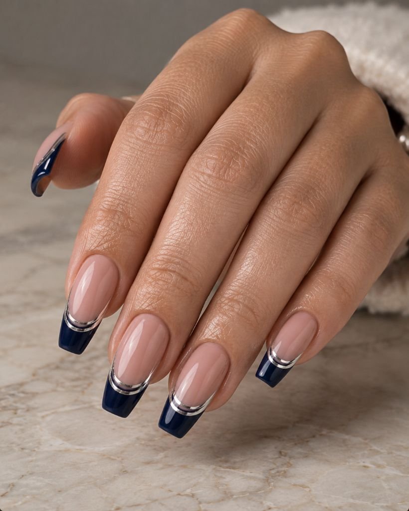  Dark Blue French With Silver Double Lines