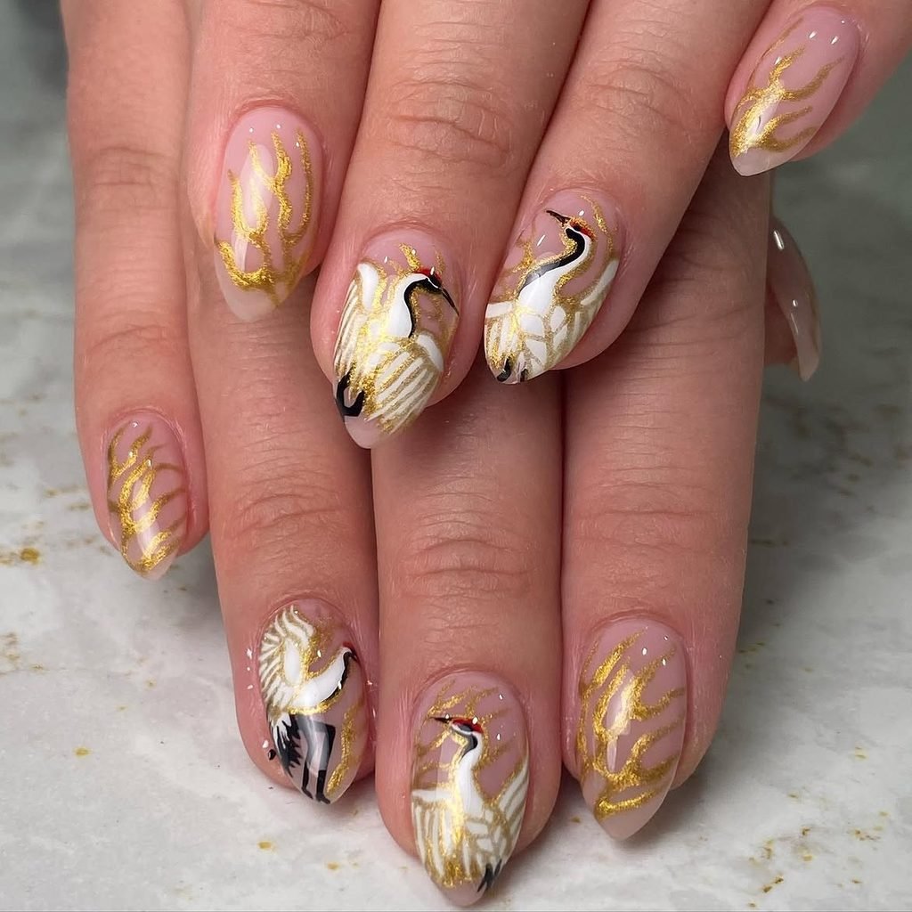 Delicate Crane Bird Nails