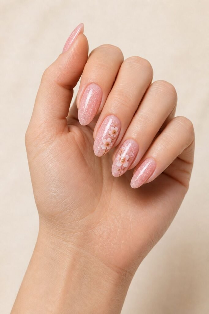  Floral Pink Glitter Nails