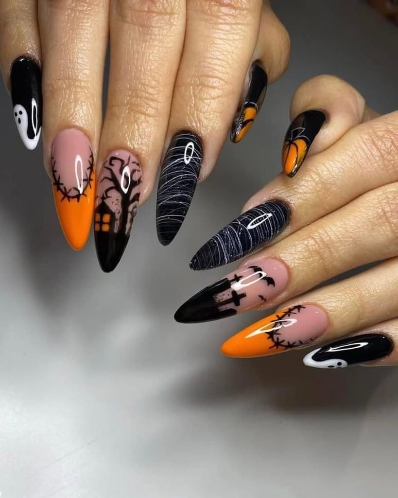 Orange Black Haunted 
Nails