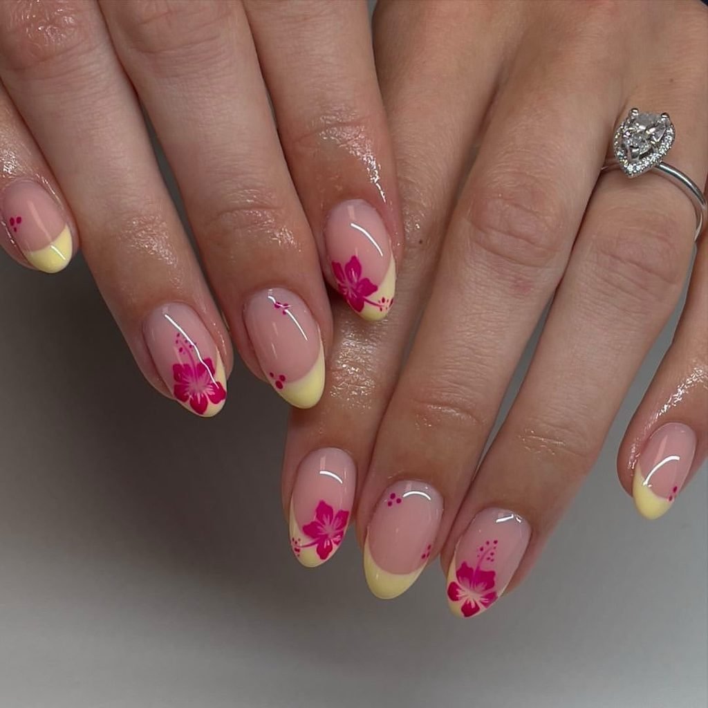 French Tips with Tropical Flowers