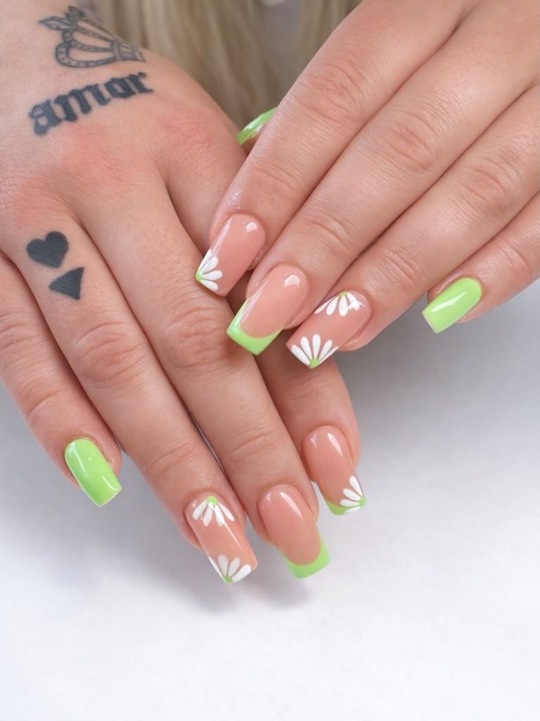 Green Daisy French Nails