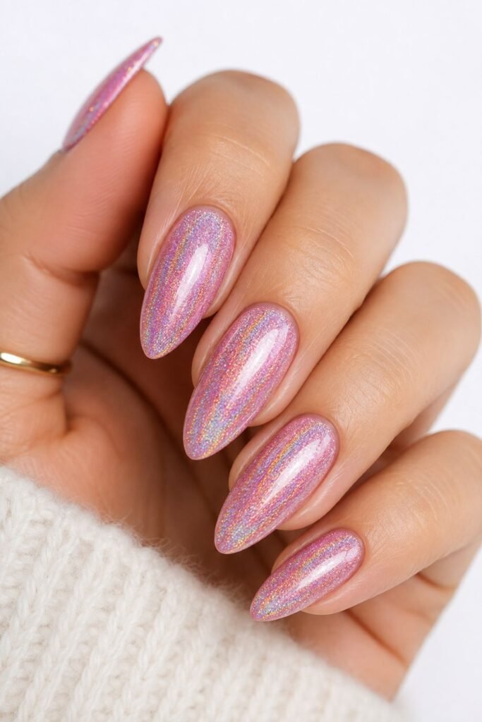 Holographic Pink Glitter Nails