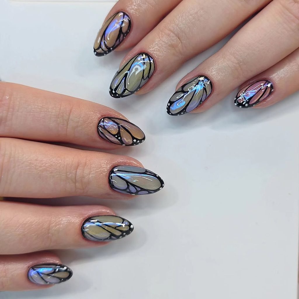 Iridescent Butterfly-Wing Oval Nails