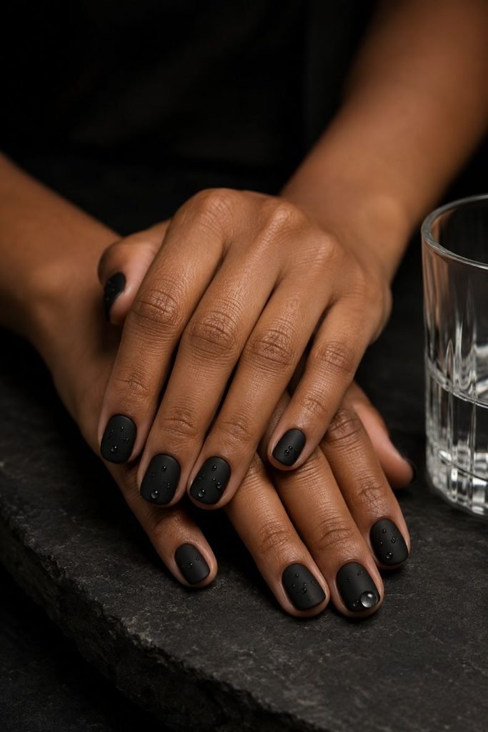  Matte Black Nails With Glossy Droplets