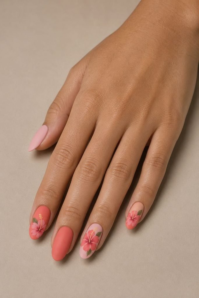 Matte Tropical Flower Nails