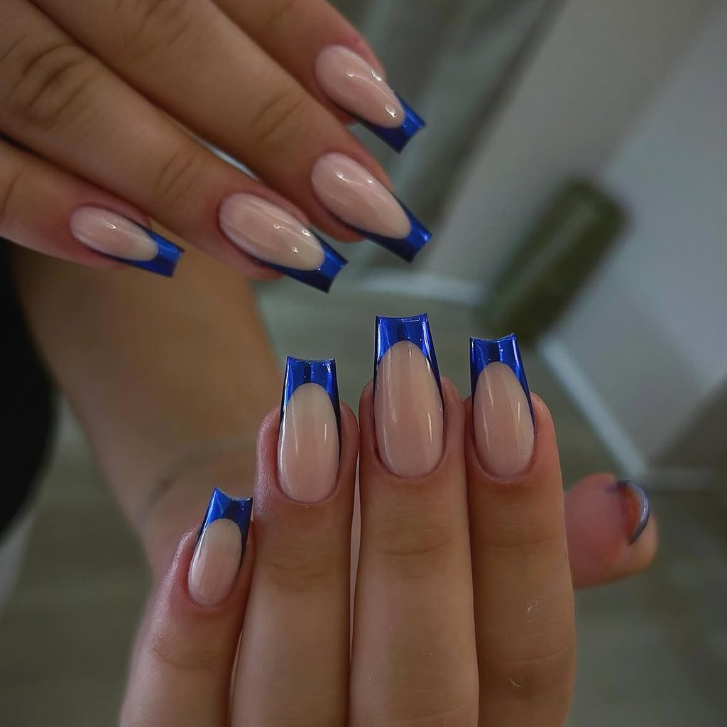 Navy Blue Chrome French Tips