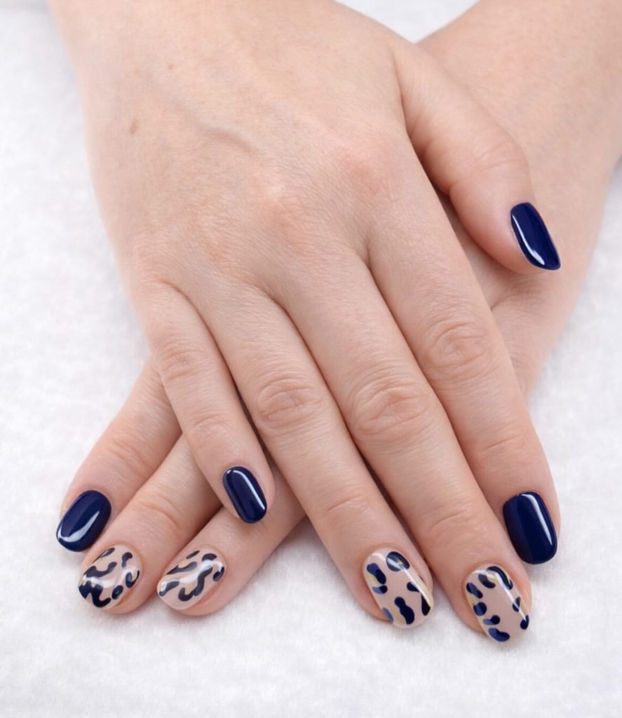 Navy Blue Leopard Print Accent Nails