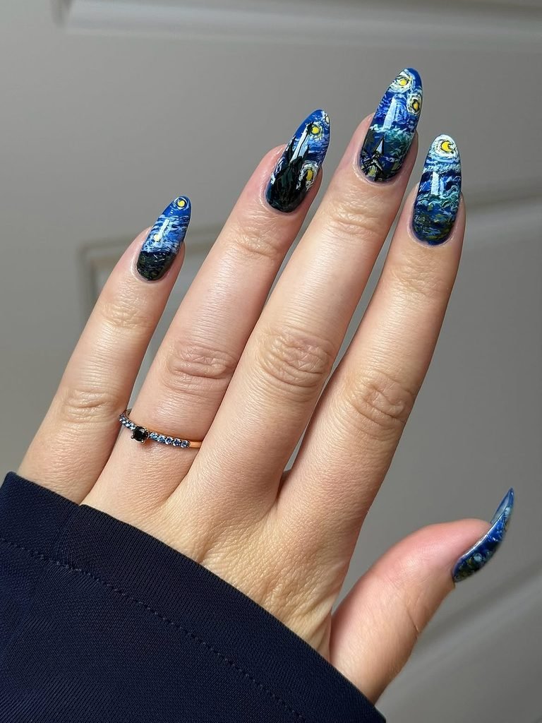 Navy Blue Starry Night Nails