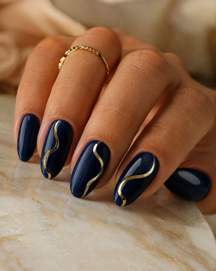 Navy Blue With Gold Abstract Waves