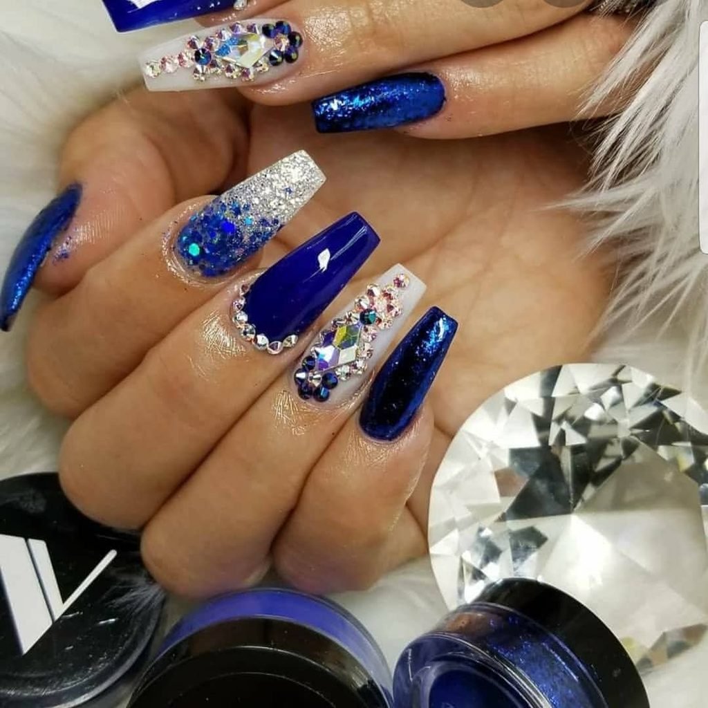 Navy Blue and Silver Glitter Nails