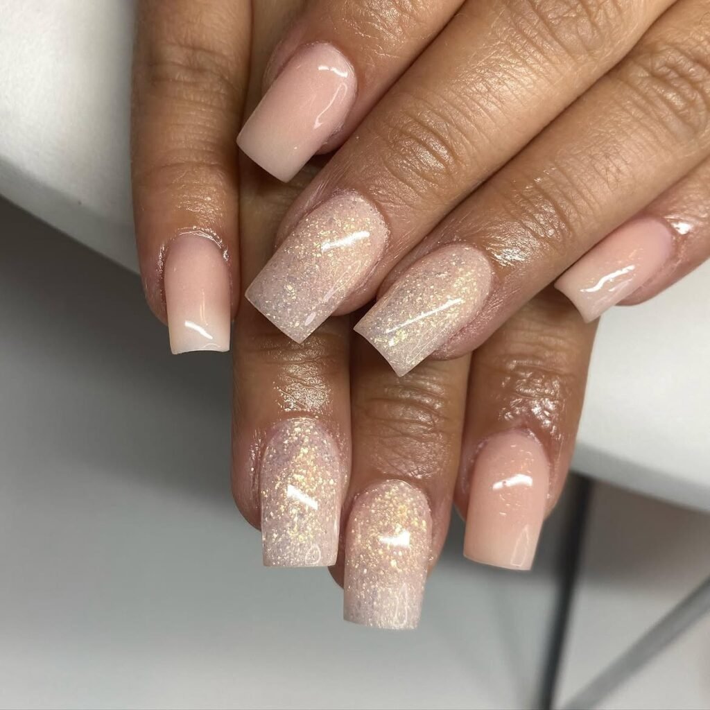 Nude Glitter Accent Square Nails