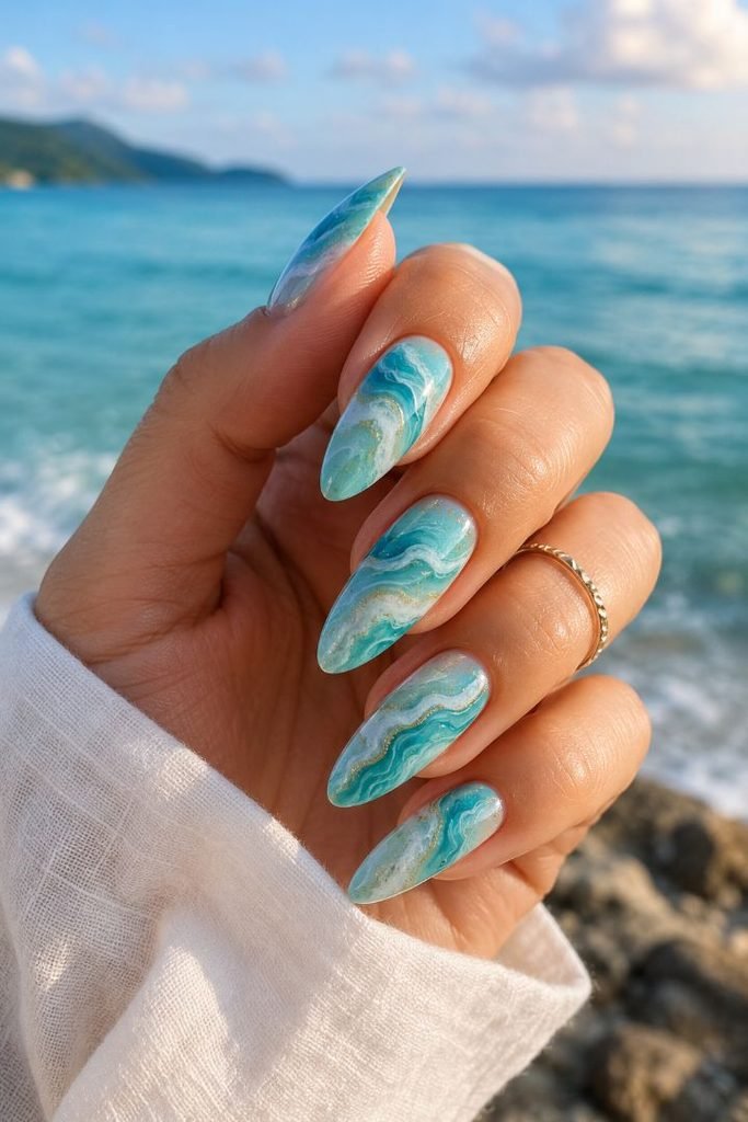 Ocean Breeze Marble Nails