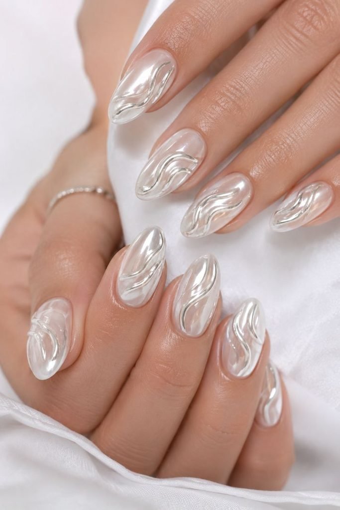 Pearl Swirl Chrome Nails