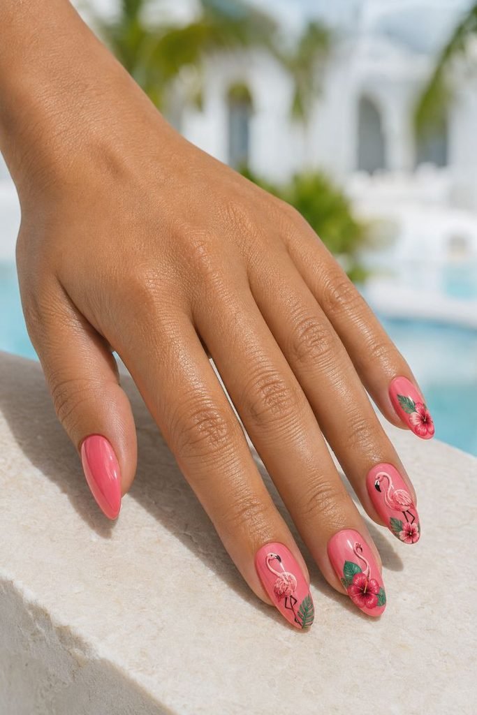 Pink Flamingo and Tropical Flower Nails