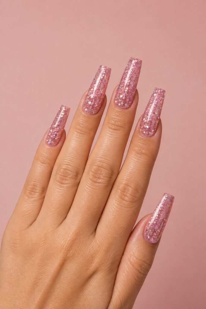  Pink Glitter Coffin Nails