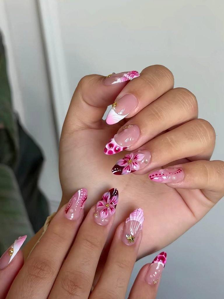 Pink Hibiscus Almond Nails