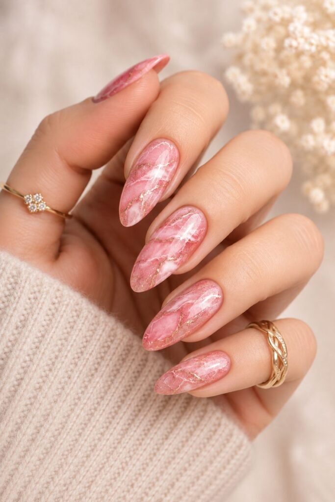 Pink Marble Glitter Nails