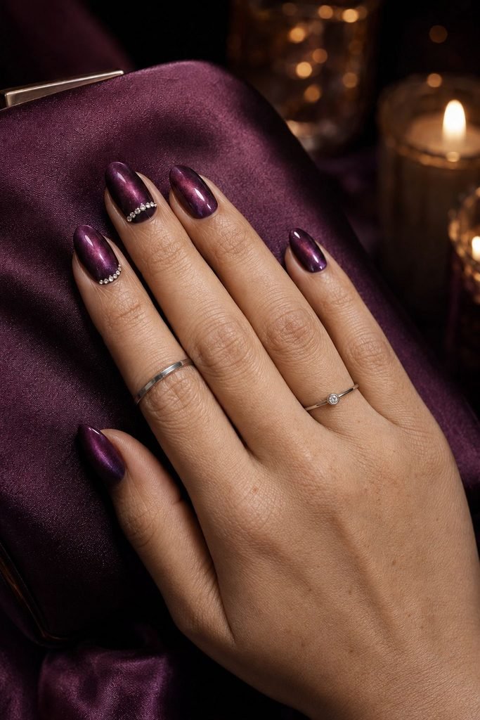 Plum Velvet Nails With Crystal Cuticles