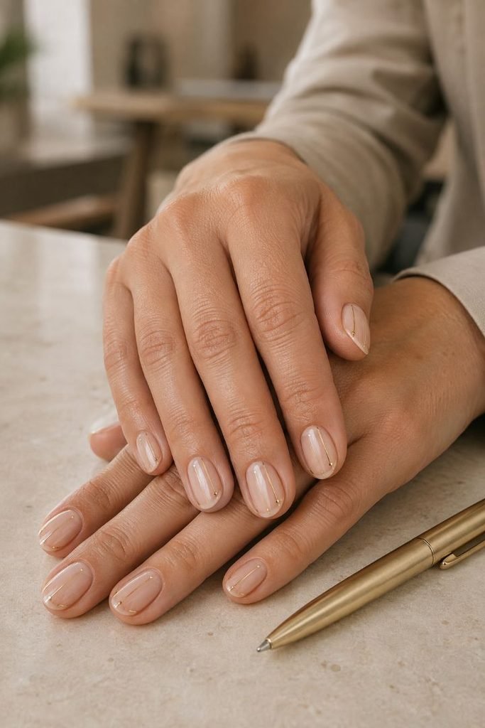 Sheer Nude Nails With Gold Side Stripes