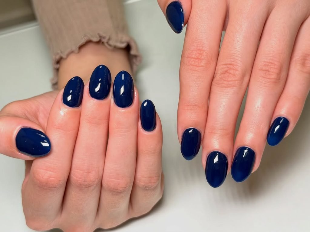 Short Navy Blue Oval Nails