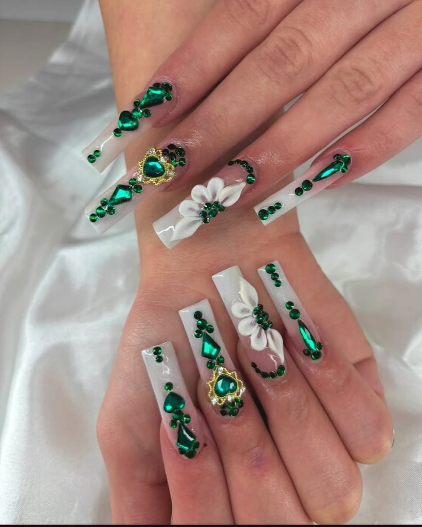 White Serpent and Emerald Gem Nails