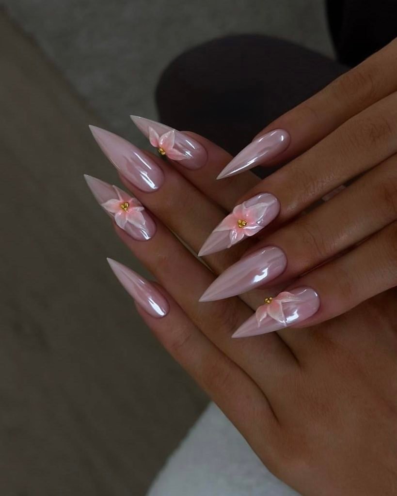 Tropical Flower Chrome Nails