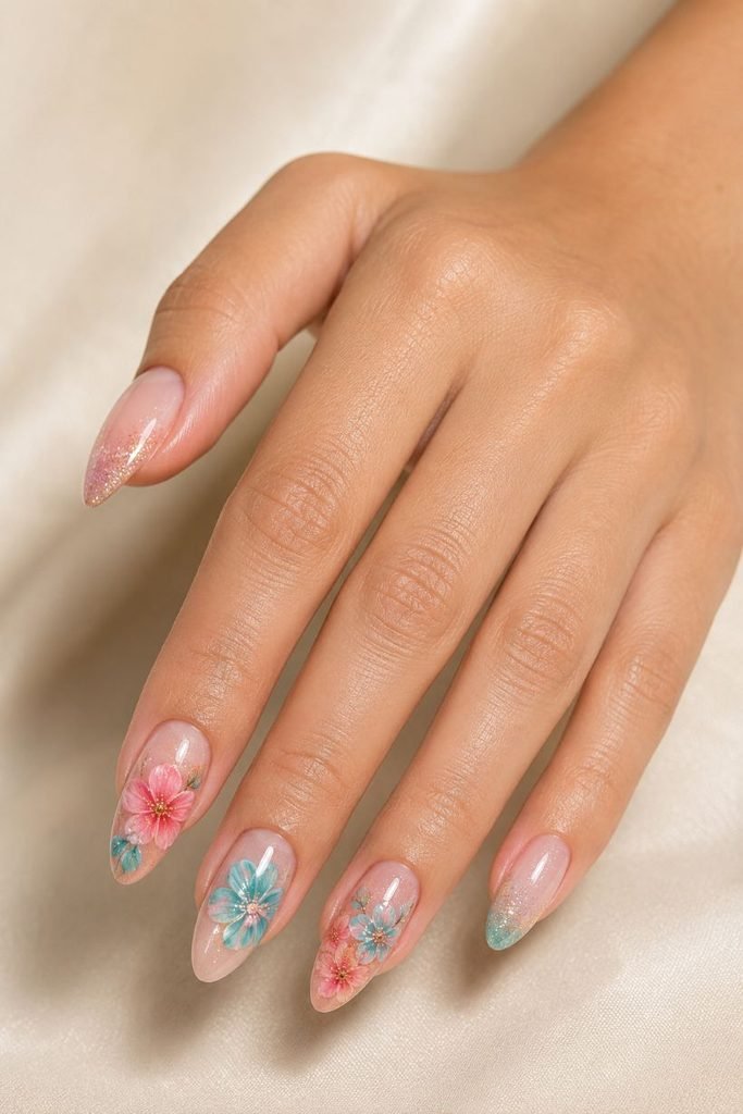 Tropical Flower Glitter Nails