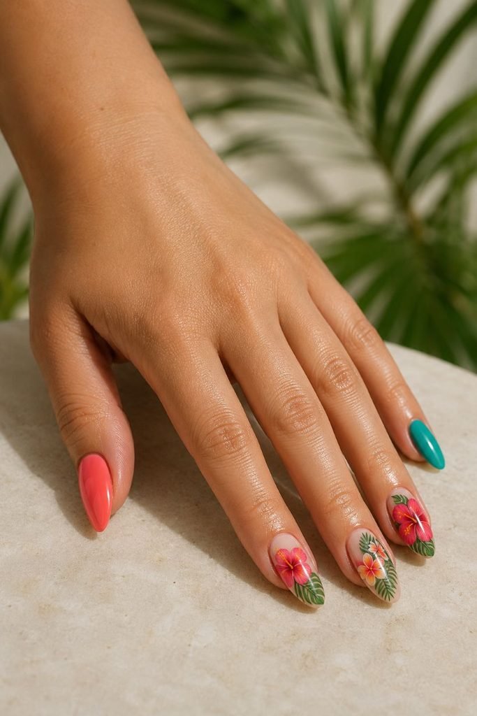 Tropical Flower and Palm Leaf Nails