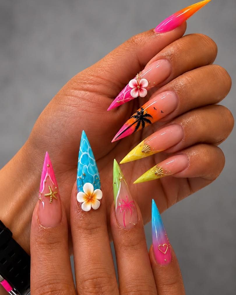 Tropical Rainbow Flower Nails