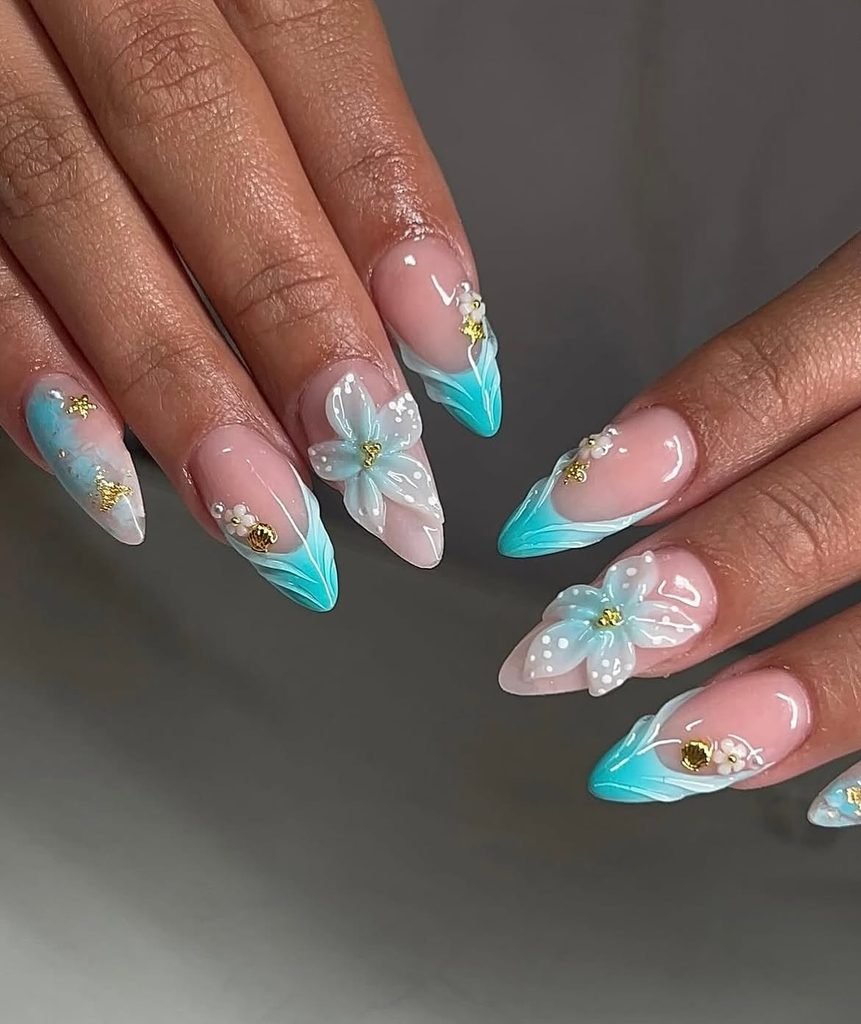 Turquoise Beach Flower Nails