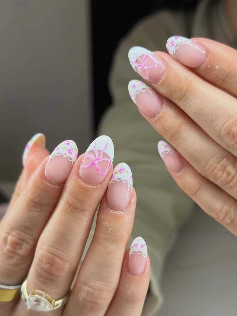 White Lace Bow French Nails