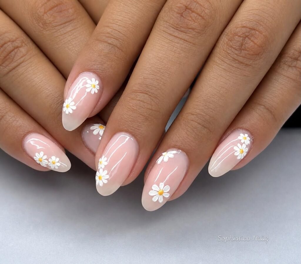 Classic Daisy Nails on a Nude Base