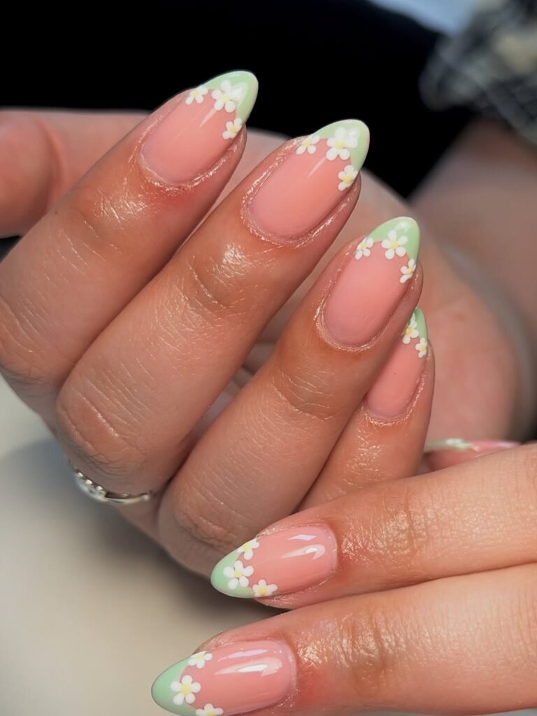 Daisy Nails With Green French Tips