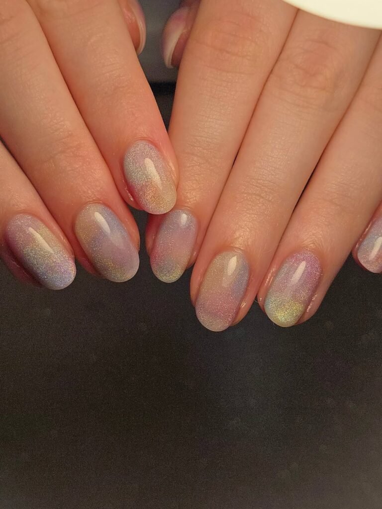 Holographic Rainbow Cat Eye Nails