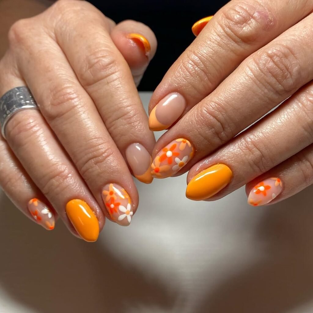 Orange Floral Nails