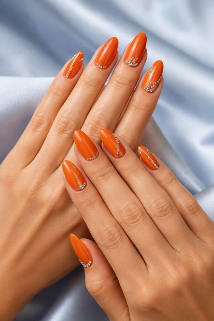 Orange Rhinestone Nails