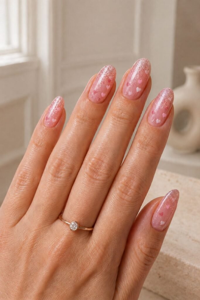 Pink Glitter Heart Nails