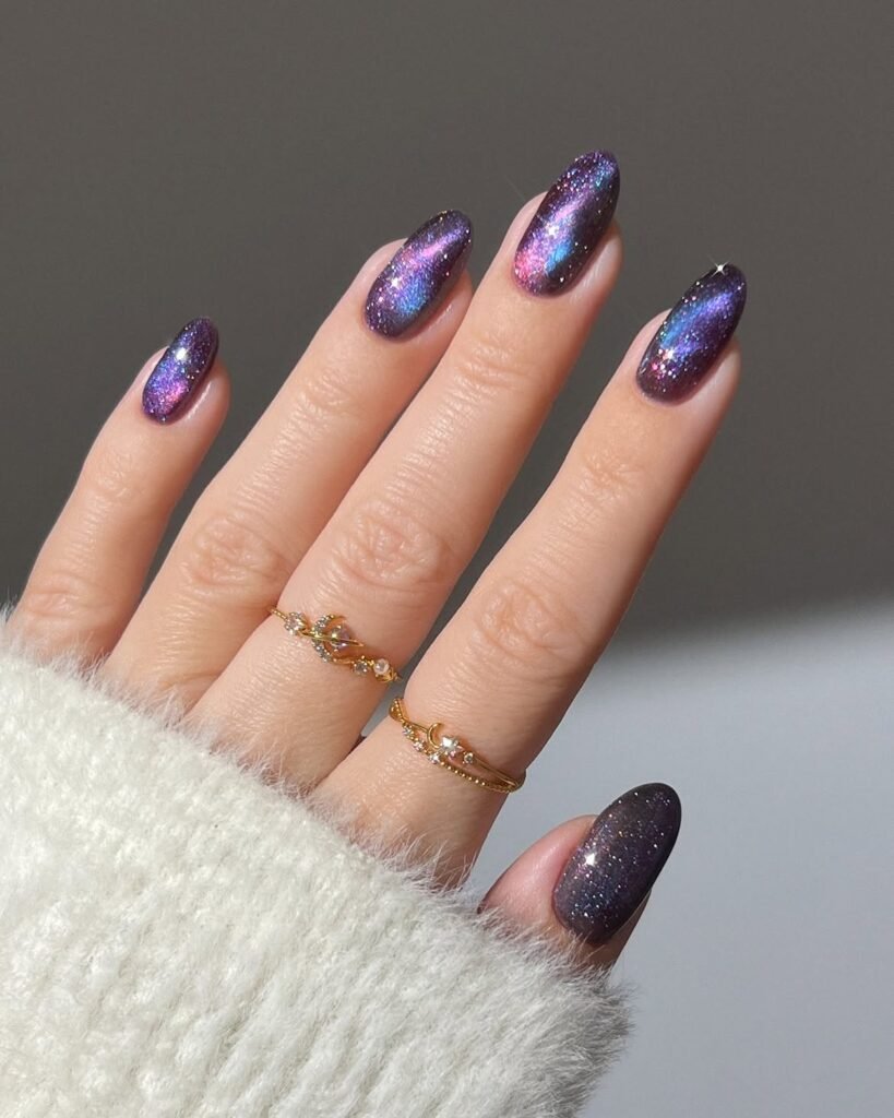 Purple Galaxy Cat Eye Nails