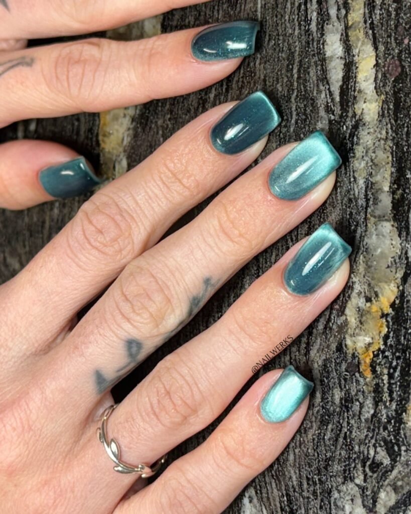 Teal Shimmer Cat Eye Nails