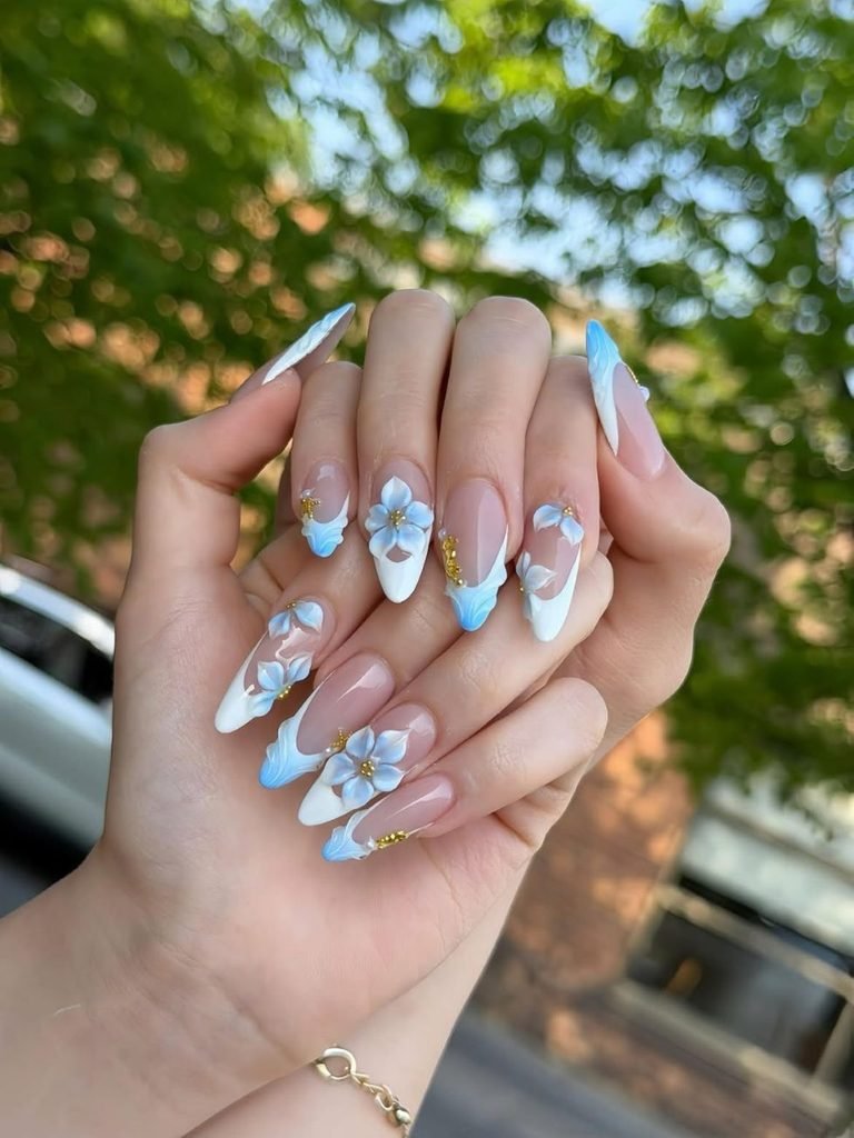 Baby Blue 3D Floral Nails
