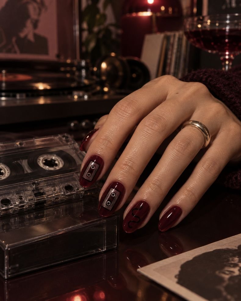 Black-Cherry Cassette-Tape Nails