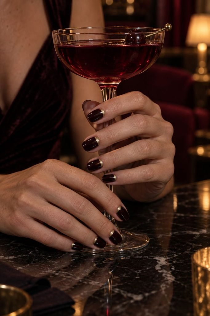 Black Cherry Nails With Gold Half-Moons
